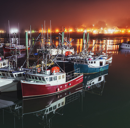 The Digby wharf is lined with the scallop fishing fleet.  Long exposure.