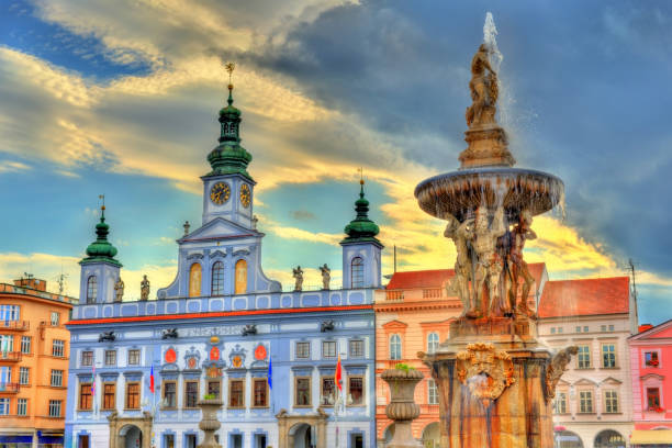 Samson Fountain in Ceske Budejovice Czech Republic Samson Fountain on the central square of Ceske Budejovice Czech Republic cesky budejovice stock pictures, royalty-free photos & images