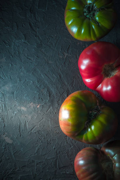 istock Multicolored tomatoes on a gray background line on the right 842961732