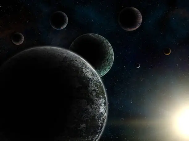 3d render of unreal Trappist-1 exoplanets system