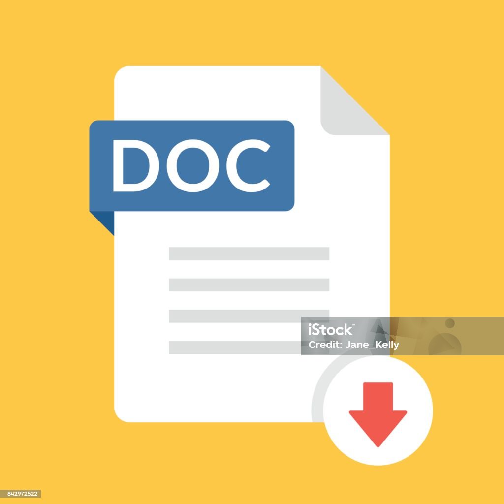 Download DOC icon. File with DOC label and down arrow sign. Text document. Downloading document concept. Flat design vector icon Document stock vector