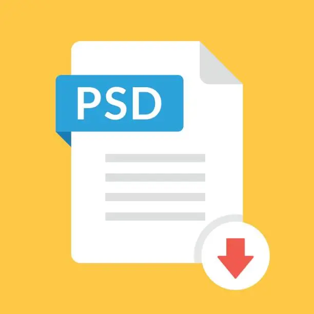 Vector illustration of Download PSD icon. File with PSD label and down arrow sign. Downloading file concept. Flat design vector icon