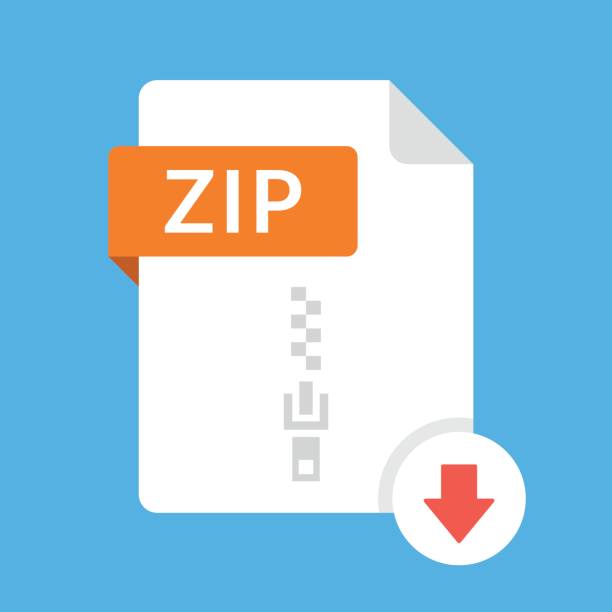 illustrazioni stock, clip art, cartoni animati e icone di tendenza di scarica l'icona zip. file con etichetta zip e segno freccia giù. archiviare il formato di file. download del concetto di documento. icona del vettore di progettazione piatta - cerniera lampo