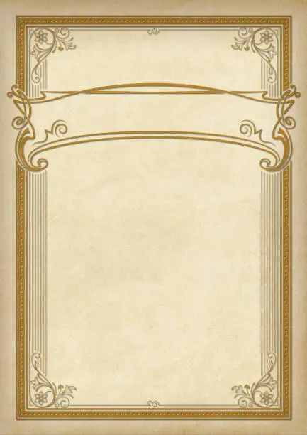 Decorative rectangular framework and banner on piece of parchment. Template for diploma, certificate, label. Retro, art-nouveau style. A3 page size.