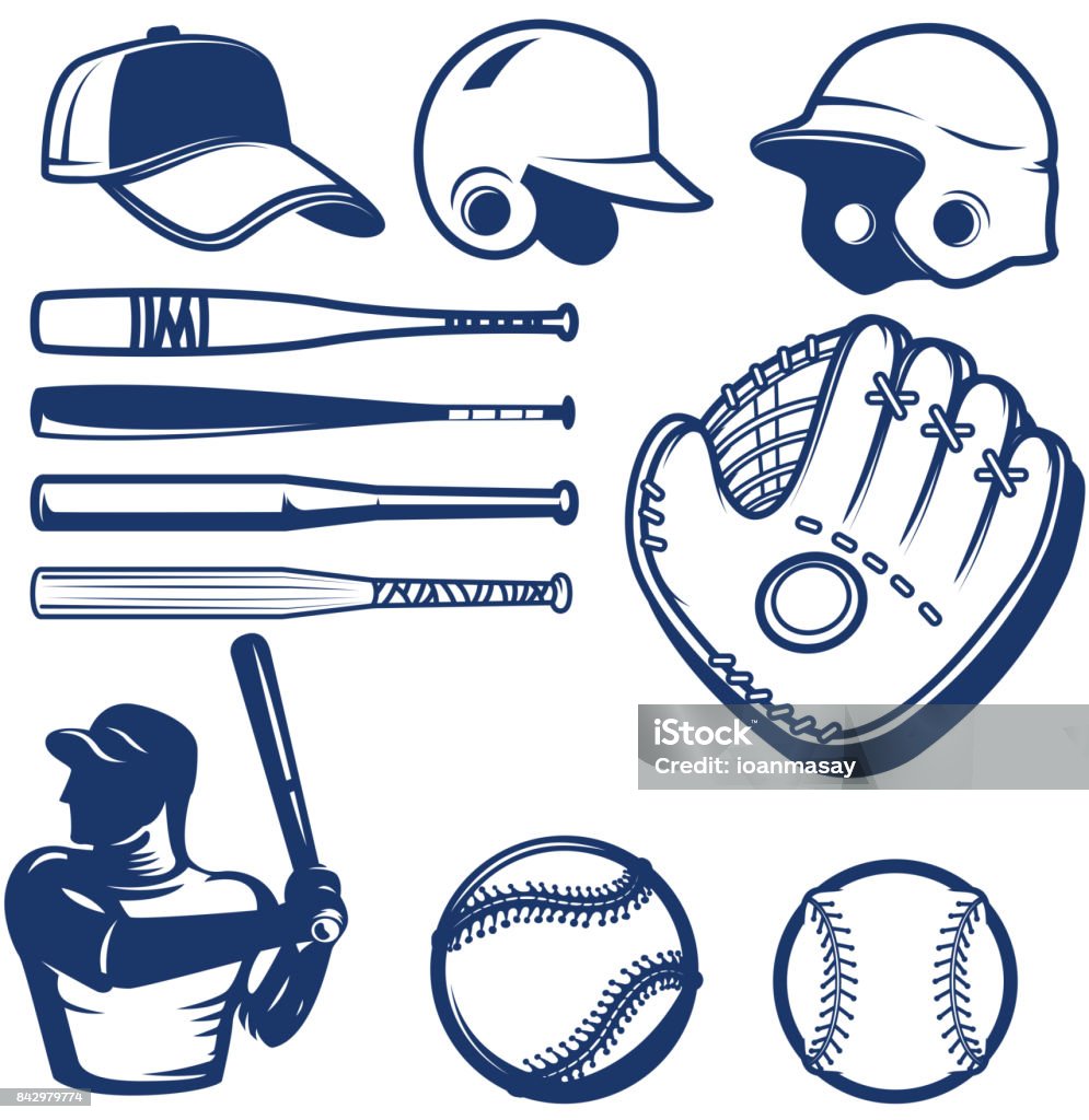 Set of baseball design elements. Baseball beats, balls, glove, hats. Set of baseball design elements. Baseball beats, balls, glove, hats. Design elements for label, emblem, sign. Vector illustration Baseball - Ball stock vector