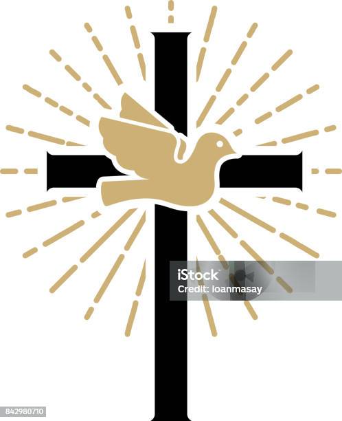 Pigeon With Cross Religious Sign Stock Illustration - Download Image Now - Dove - Bird, Sunbeam, Animal Body Part