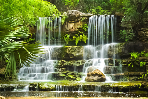 A double waterfall at Zilker Botanical Gardens in Austin, Texas