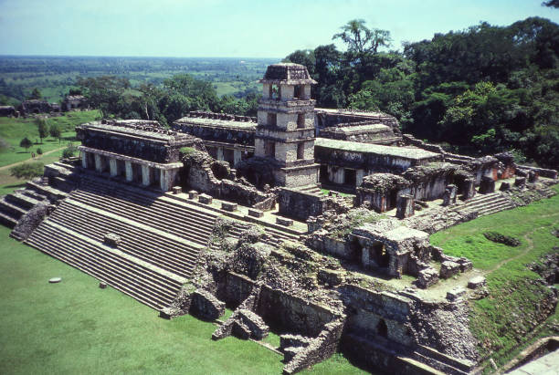 Overview of Mayan Archeological ruins in Palenque Tabasco Mexico and background of rainforest stock photo