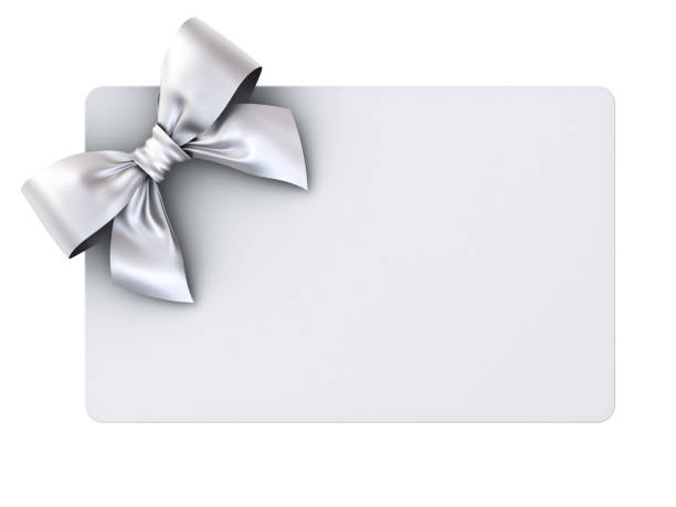 istock Blank gift card with silver ribbon bow isolated on white background . 3D rendering 842987422