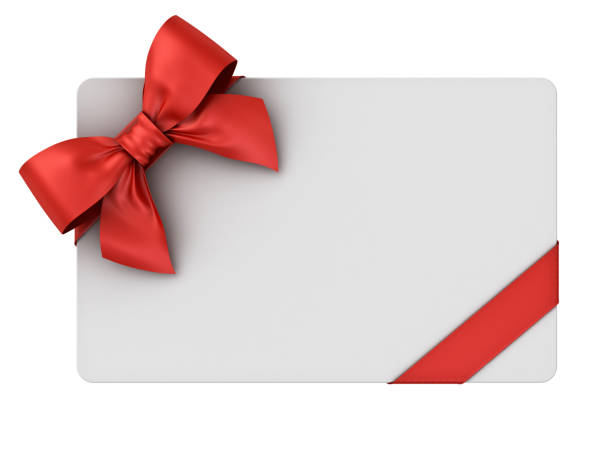 istock Blank gift card with red ribbons and bow isolated on white background with shadow . 3D rendering 842987466