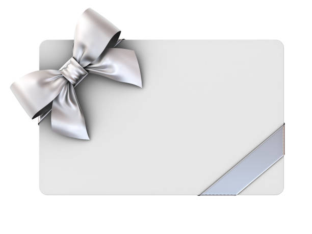 istock Blank gift card with silver ribbons and bow isolated on white background . 3D rendering 842987510