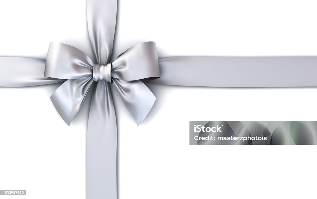 Silver gift ribbon bow isolated on white background with shadow . 3D rendering Silver gift ribbon bow isolated on white background with shadow . 3D rendering. Silver - Metal Stock Photo