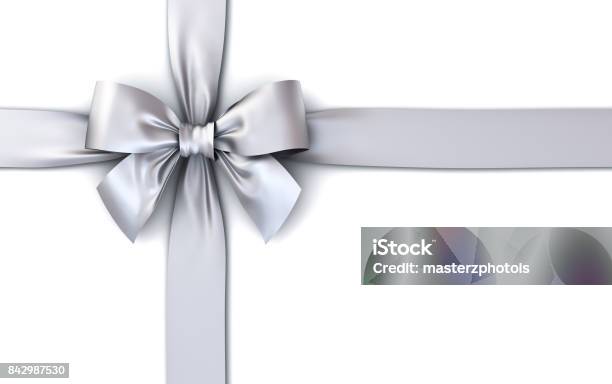 Silver Gift Ribbon Bow Isolated On White Background With Shadow 3d Rendering Stock Photo - Download Image Now