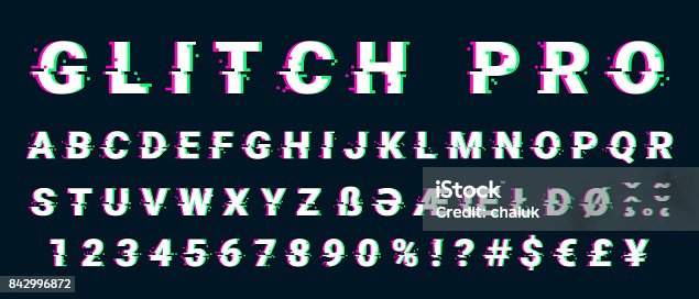 istock Glitch distorted font letter set with broken pixel effect 842996872