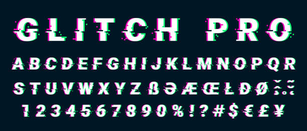 Glitch distorted font letter set with broken pixel effect Glitch distorted font letter set with broken pixel effect. Vector retro video game alphabet. Old distorted TV matrix effect. glitch technique stock illustrations