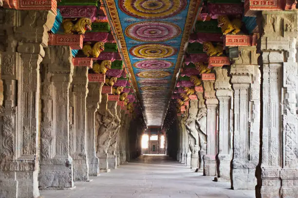 Inside of Meenakshi hindu temple in Madurai, Tamil Nadu, South India