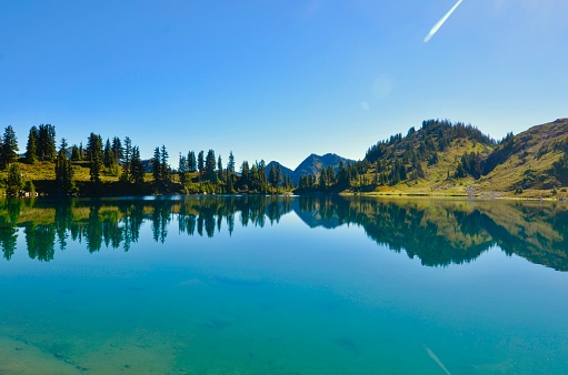 A view across Lunch Lake in the 7 Lakes Basin of Olympic National Park. This lake is part of the High Divide Loop.