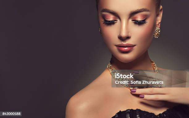 Magnificent Lady In A Perfect Make Up Is Shows Jewelry Set Stock Photo - Download Image Now