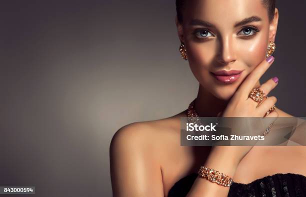 Magnificent Lady In A Perfect Make Up Is Shows Jewelry Set Stock Photo - Download Image Now