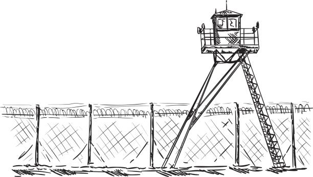 Watch tower in prison vector - Watch tower in prison, isolated on background lookout tower stock illustrations