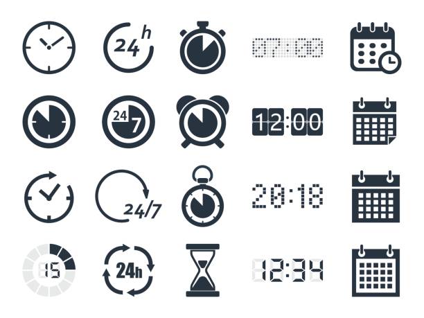 time clock icons clock and time icons set, vector illustration calendar date stock illustrations