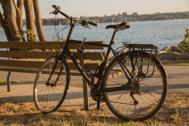 istock Retro bicycle parked ocean shore background sunny day 843004856