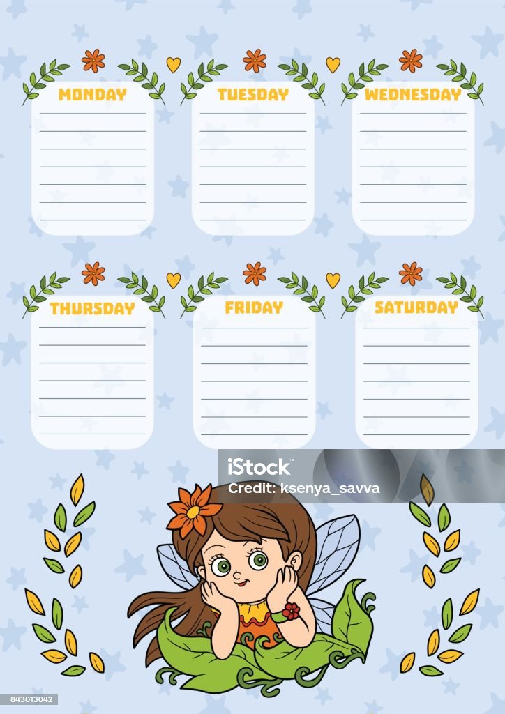 Ilustración de Horario Escolar Para Los Niños Con Días De La Semana Hadas De Dibujos Animados De Color y más Vectores Libres de Derechos de Calendario - iStock Ilustración de Horario Escolar Para Los Niños Con Días De La Semana Hadas De Dibujos Animados De Color y más Vectores Libres de Derechos de Calendario - iStock