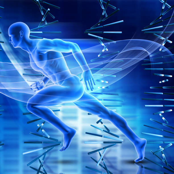 istock 3D male figure sprinting on DNA strands background 843013070