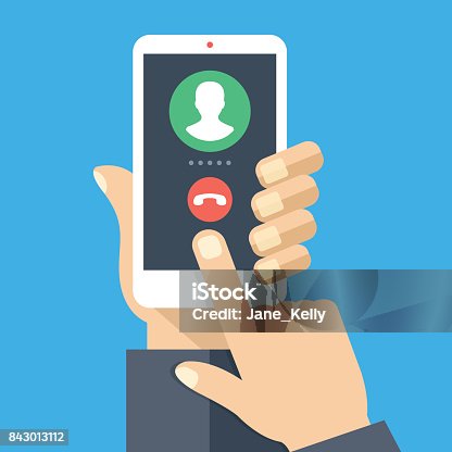 istock Outgoing call. White smartphone with call screen. Waiting for answer concept. Human hand holding cellphone, finger touching screen. Modern flat design vector illustration 843013112
