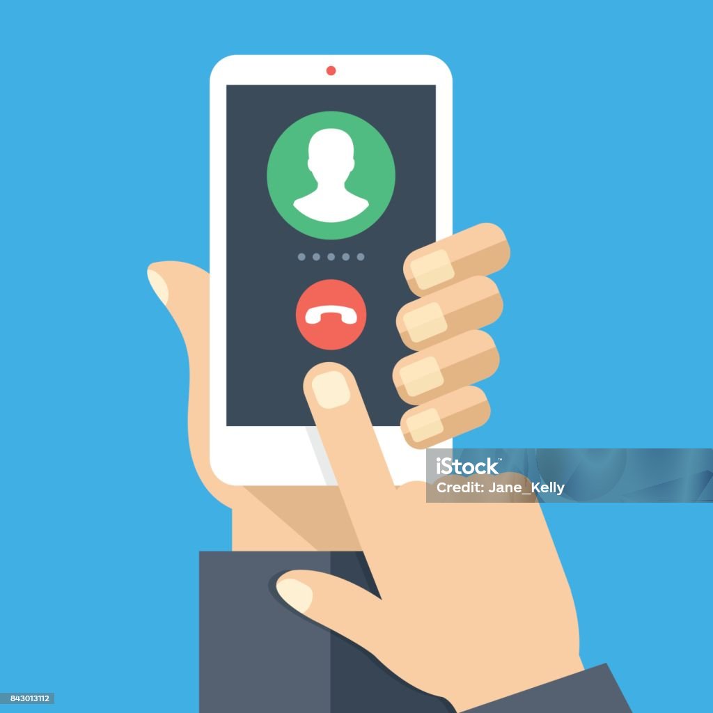 Outgoing call. White smartphone with call screen. Waiting for answer concept. Human hand holding cellphone, finger touching screen. Modern flat design vector illustration Outgoing call. White smartphone with call screen. Waiting for answer concept. Human hand holding cellphone, finger touching screen. Modern flat design graphic elements and objects. Vector illustration Using Phone stock vector