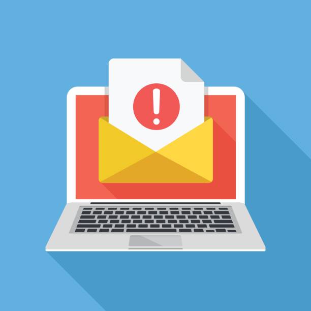 Laptop with envelope and document with exclamation mark on screen. Receive notification, alert message, warning, get e-mail, email, spam concepts. Flat design vector illustration Laptop with envelope and document with exclamation mark on screen. Receive notification, alert message, warning, get e-mail, email, spam concepts. Flat design vector illustration suspicious message stock illustrations