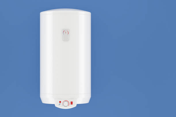istock white tank electric water heater on blue wall, 3D rendering 843023114