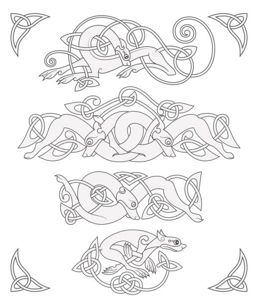 illustrazioni stock, clip art, cartoni animati e icone di tendenza di antico simbolo mitologico celtico di lupo, cane, bestia. set di ornamenti nodo vettoriale - celtic culture celtic style dog tied knot