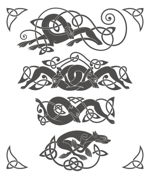 Ancient celtic mythological symbol of wolf, dog, beast. Vector knot ornament set Ancient celtic mythological symbol of wolf, dog, beast. Vector knot ornament set celtic knot animals stock illustrations