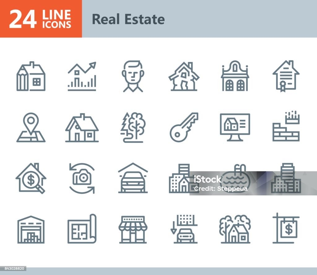 Real Estate - line vector icons Vector Line icons set. One icon consists of a single object. Files included: Vector EPS 10, HD JPEG 3000 x 2600 px House stock vector