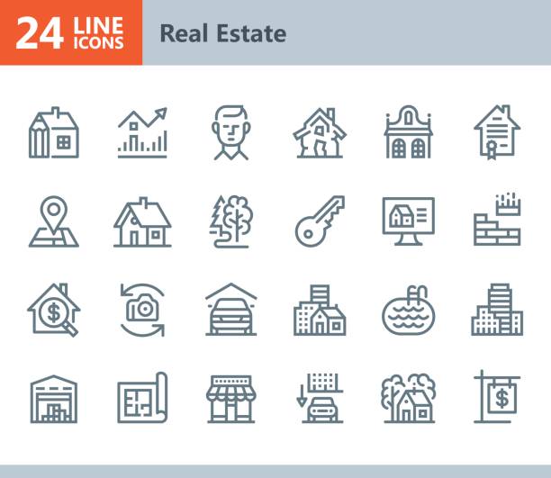 Real Estate - line vector icons Vector Line icons set. One icon consists of a single object. Files included: Vector EPS 10, HD JPEG 3000 x 2600 px cityscape symbols stock illustrations