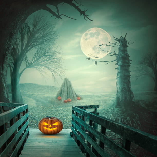 istock Scary Halloween pumpkin in mystical spooky enviroment 843029186