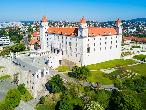 Bratislava Castle or Bratislavsky Hrad aerial panoramic view. Bratislava Castle is the main castle of Bratislava capital of Slovakia.