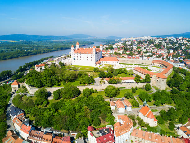 Bratislava aerial panoramic view Bratislava Castle or Bratislavsky Hrad aerial panoramic view. Bratislava Castle is the main castle of Bratislava capital of Slovakia. bratislava castle bratislava castle fort stock pictures, royalty-free photos & images