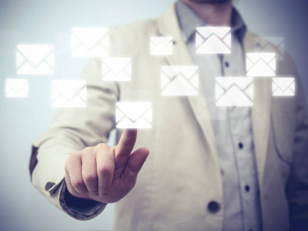 istock Close up of business hand touch virtual screen, push send email 843033232