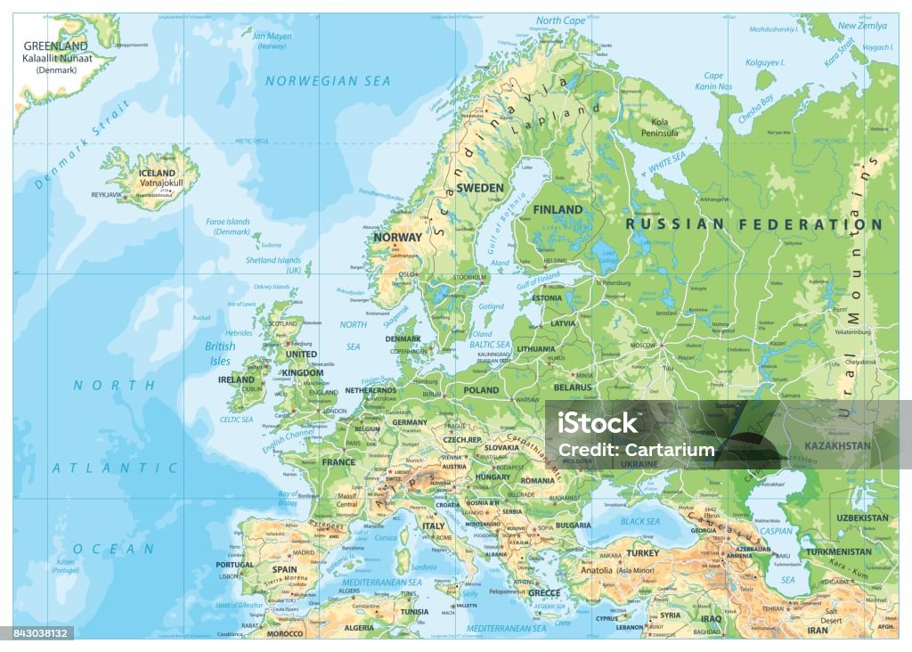 Europe Physical Map Europe Physical Map. Detailed vector illustration of Europe Physical Map. Map stock vector