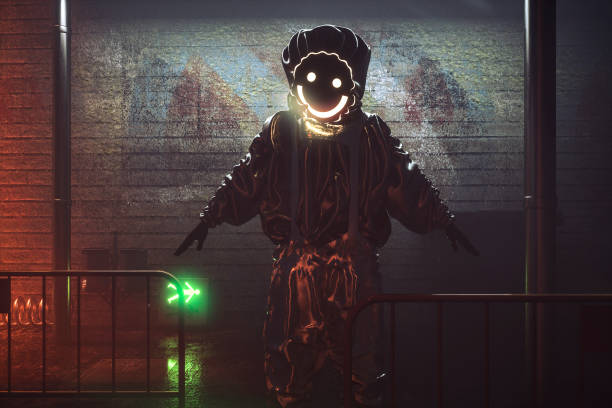 istock Smiling hazmat suit man in the streets at night 843041342