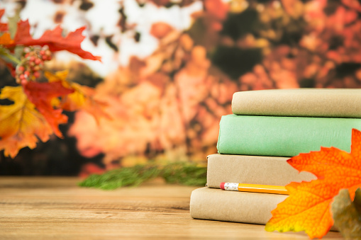 It's time to go back to school in the autumn season.  A stack of school text books represents back to school time.  Autumn leaves, trees in background.
