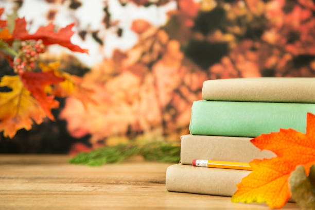 Back to school with book stack in autumn season. stock photo