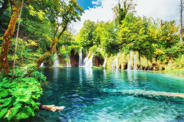 istock Waterfalls in national park falling into turquoise lake. Plitvice, Croatia 843068718