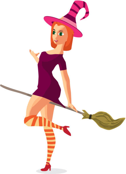 Beautiful Girl Witch In Purple Dress Sitting On A Broom Stock Illustration  - Download Image Now - iStock