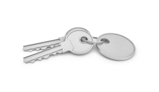 istock 3d rendering of two isolated silver keys on a key ring with label 843083844