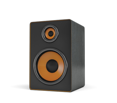 3d rendering of a large black stereo box with two round speakers on white background. Sound equipment. Home cinema. Audio appliances.