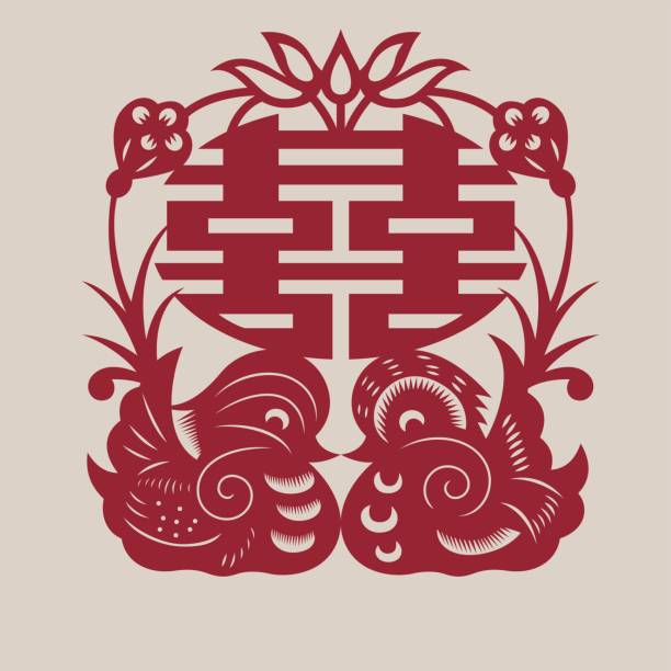 podwójne szczęście (chińska tradycyjna sztuka papierowa)-10 - symmetry happiness symbol wedding stock illustrations