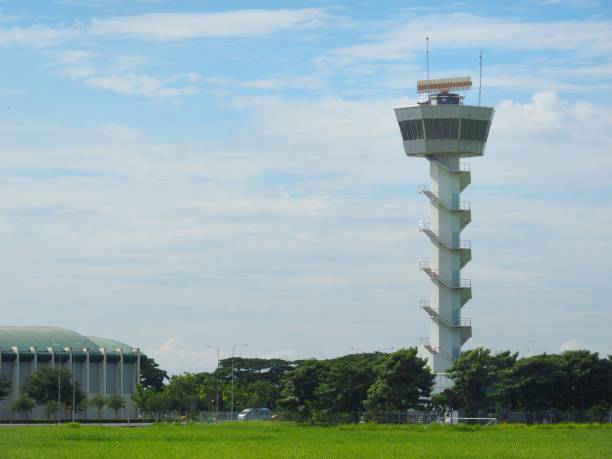 istock The air traffic control tower is located in an open area 843092602